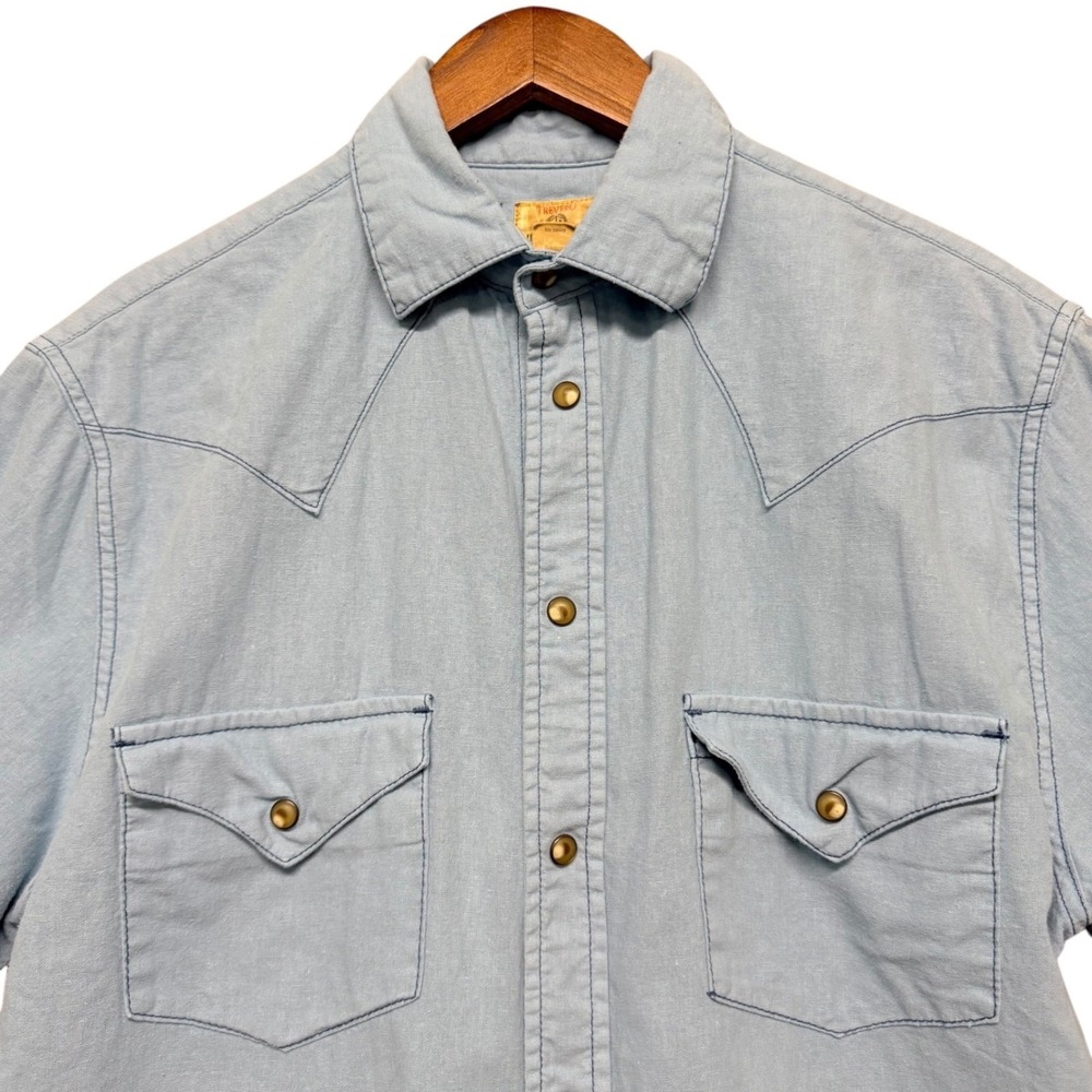 Trevero Western Shirt Men M Light Blue Linen Cotton Blend Short Sleeve Snap